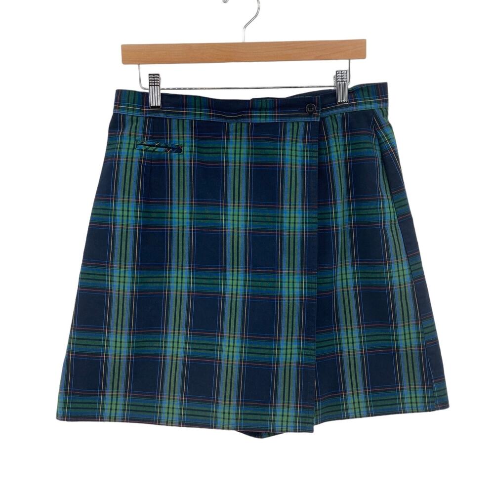 Talbots Short A Line Skirt Womens Size 12 Navy Plaid Print Cotton Blend Pocket